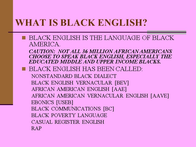 WHAT IS BLACK ENGLISH? BLACK ENGLISH IS THE LANGUAGE OF BLACK AMERICA.  CAUTION: